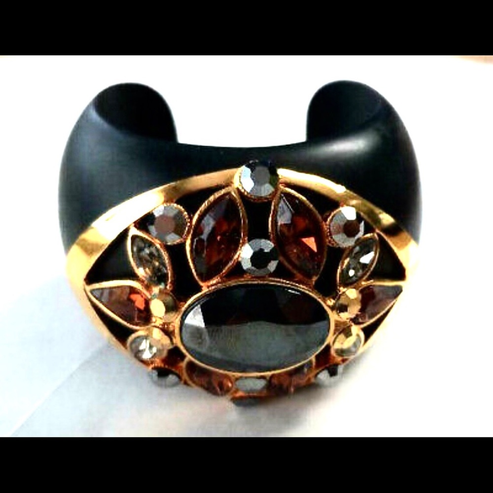 NEW VINTAGE! JOSE MARIA BARRERA BLACK Crystal GOLD WOOD BRACELET BANGLE